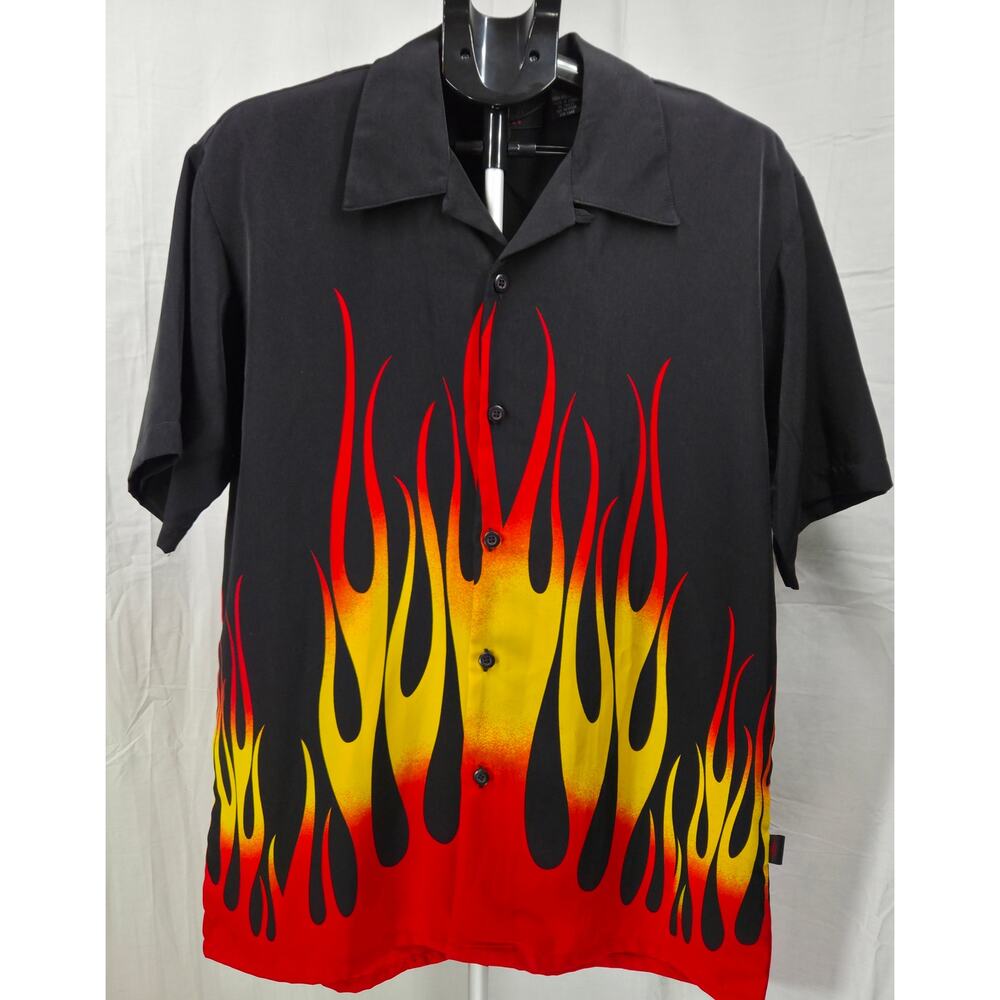 Y2K Flame Button Up Shirt Mens Medium Black Red Hot Rod Rockabilly Retro VTG